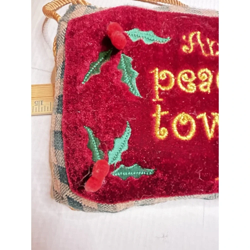 Christmas Rectangle Cushion Embroidered Luke 2:14 Red Plaid Trim Cord Handle